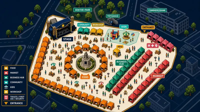 Lageplan des MABUHAY Festivals auf dem Roßmarkt: Stage, Food Market, Marketplace, Business Hub, Community, Workshop, Kids Area und Eingang